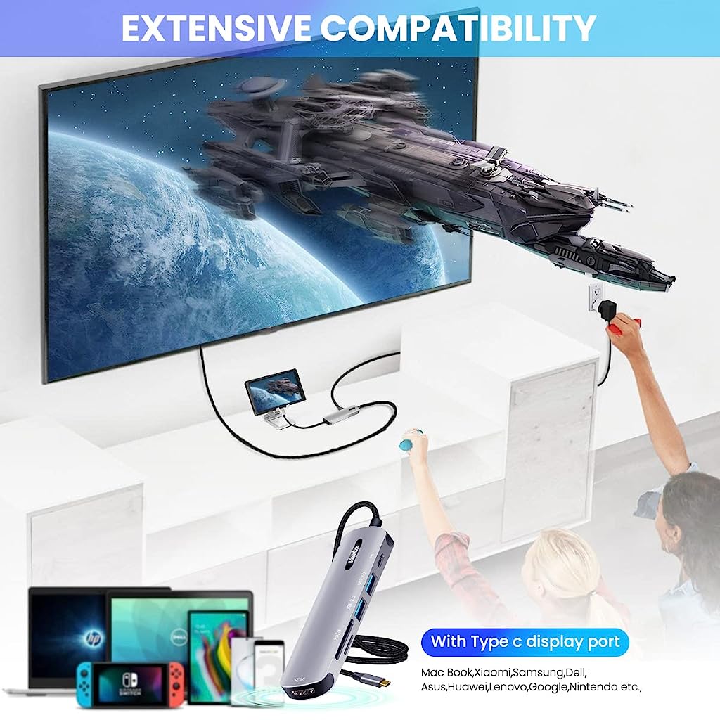 Verilux USB C HUB 6 in 1 Type C HDMI Adapter Type C Hub with 4K@30Hz HDMI, USB 2.0/3.0 Port, SD/TF Card Reader, 2 in 1 PD 100W & USB C Data Port for Laptop, MacBook Pro/Air M1&M2 (20cm Braided Cable) - verilux