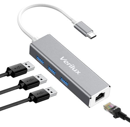 Verilux® USB-C to Ethernet Adapter, 10/100Mbps Aluminum USB Type C to RJ45 Ethernet Adapter,4 in 1 Hub