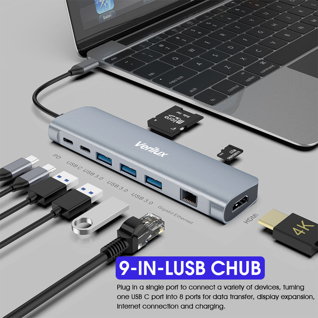 Verilux® USB C Hub 9 in 1 USB C PD Ethernet 4K 30Hz,with 4K 30Hz HDMI,1Gbps Ethernet,100W PD,USB C 2.0 Data Transfer,3 USB 3.0, SD/Micro,Suitable