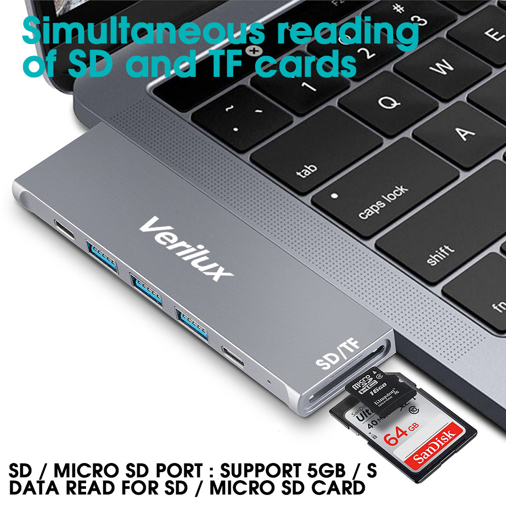 Verilux USB C Hub Adapter,8 in 2 Multiport MacBook Pro USB-C Accessories with 3 USB 3.0 Ports,4K HDMI,TF/SD Card Reader,Thunderbolt 3 Port,USB-C Port,100W PD Port for 13 15 16 inch MacBook
