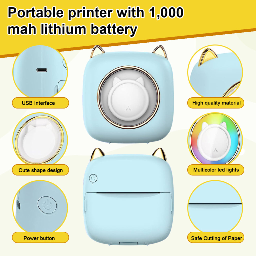 ZORBES® Mini Bluetooth Thermal Printer, Creative LED Label Printer Inkfree Printer for Android & iOS System, Black on White Thermal Printer with 10 Roll of Print Paper Thermal Printer Gift for Kids