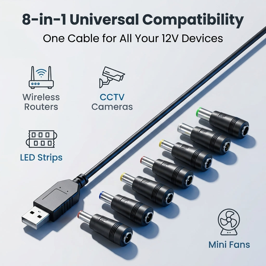 Verilux® USB to DC 12V Power Cable with 8 DC Adapters 3.3Ft/1M