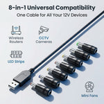 Verilux® USB to DC 12V Power Cable with 8 DC Adapters 3.3Ft/1M