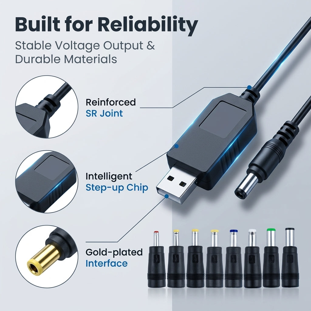 Verilux® USB to DC 12V Power Cable with 8 DC Adapters 3.3Ft/1M