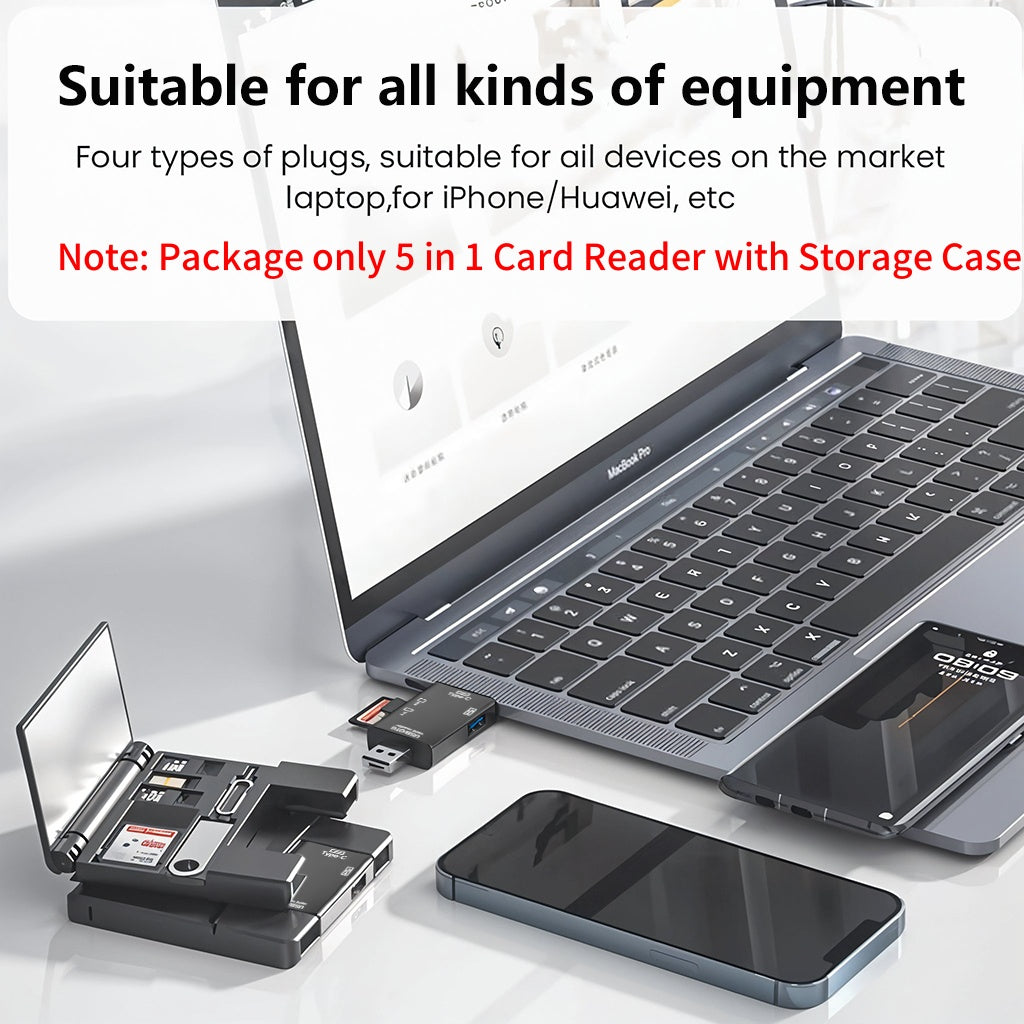 Verilux® 5 in 1 Card Reader with Storage Case for Micro SD & SD Cards, Memory Card Reader with Type-C & USB Dual Plugs, USB & TF & SD Cards Ports and Mobile Phone Card pin for Phone, Tablet, Laptop