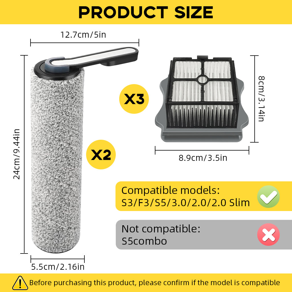 Verilux® Replacement Brush Roll & HEPA Filters for Tineco Wet Dry Vacuum, Includes 2pcs Soft Microfiber Wet Dry Use Brush Roll and 4Pcs Filters for S3/F3/S5/3.0/2.0/2.0slim, Not for S5 Combo Series