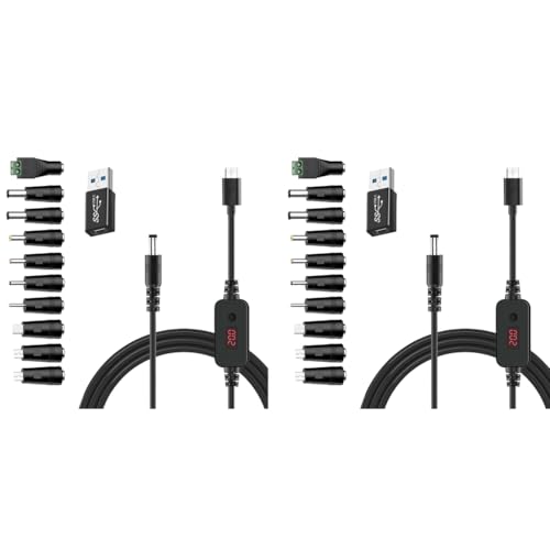 Verilux® USB C to DC Cable with 8 Connectors 5V-20V Adjustable Power Design with Switch Button 3.3Ft Converter Charging for Notebooks Portable Monitors Stationary Routers 2PCS