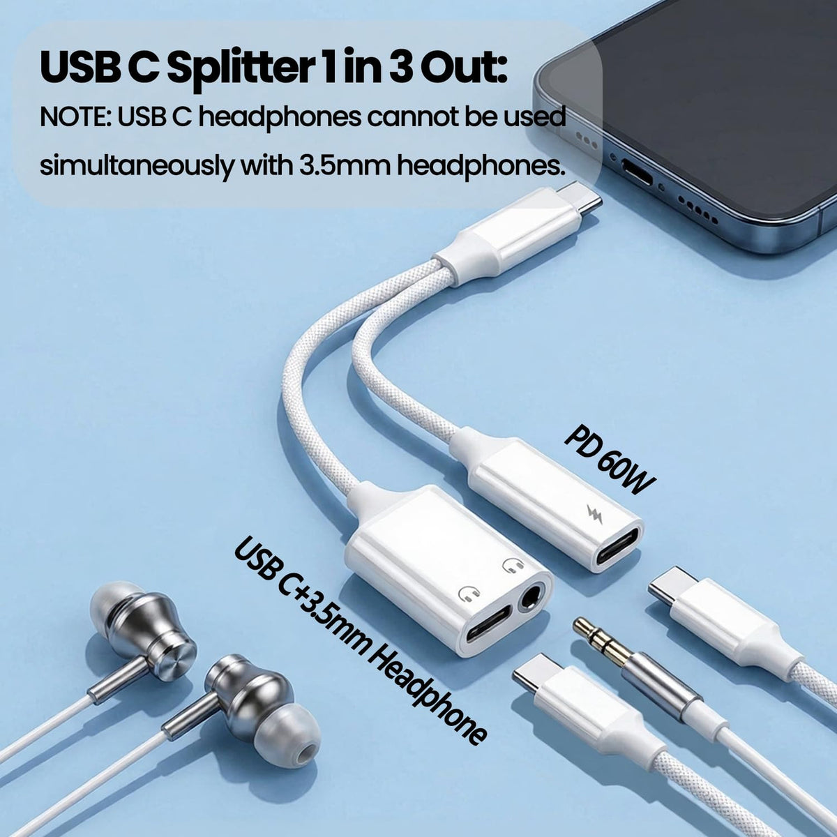 Verilux®3-in-1 Type C to 3.5mm Audio & Charger Adapter with PD 60W