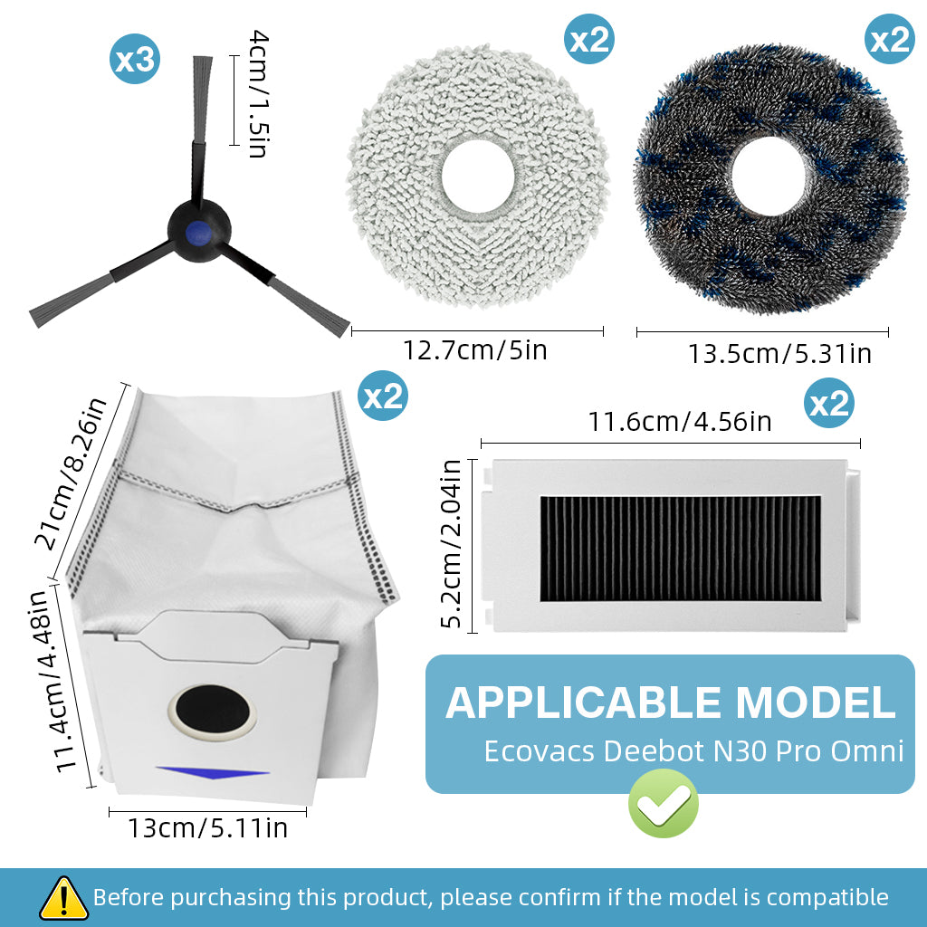 Verilux® 11Pcs Replacement Accessories for Ecovacs Deebot N30 Pro Omni Vacuum Cleaner Spare Accessories Includes 3 Side Brushes, 4 Microfiber Cloth Mop, 2 Dust Bag, 2 Filter