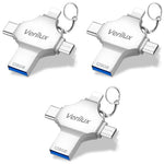 Verilux® Pendrive 128GB 4 in 1 Flash Drive with Lightning Micro USB USB A Type-C Interface Mini Hangable for iOS Android Compatible with iPhone iPad PC and More Devices 3 PCS