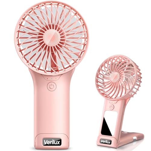 Verilux® Hand Fan for Women, Mini Portable Fan with Mirror, 4-Speed USB Fan with Foldable Stand Base, Lasting Max 20Hrs Working Time, Rechargeable Fan for Girls Women Traveling Outdoor (Pink)