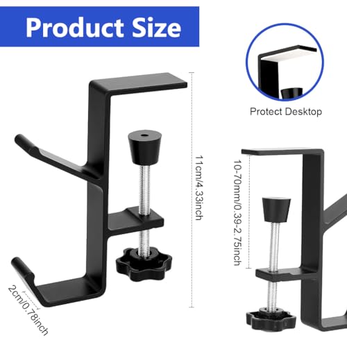 ZORBES® Underdesk Hook Hanger Metal Headphone Screw Mounted Aluminum Alloy Desk Dual-Hook Universal Adjustable Organizer for School Office 2 PCS