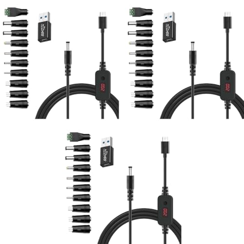 Verilux® USB C to DC Cable with 8 Connectors 5V-20V Adjustable Power Design with Switch Button 3.3Ft Converter Charging for Notebooks Portable Monitors Stationary Routers 3PCS