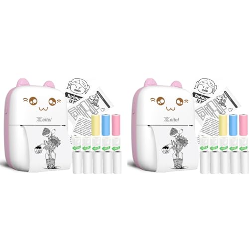 Zeitel® Mini Bluetooth Thermal Portable Label Inkfree for Android and iOS System Black on White with 10 Roll Print Paper Stickers Pink 2 PCS