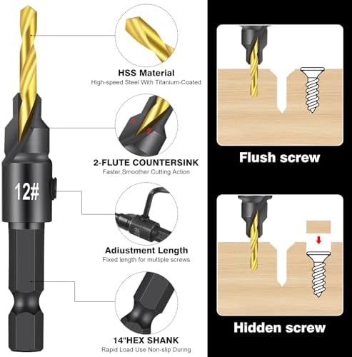 Serplex® 14Pcs Countersink Drill Bit Set, 5 Wood Drill Bits and 8 Plug Cutters with L-Wrench, Titanium-coated 1/4 Inch Hex Shank Quick-Change Wood Plug Cutter Set for Woodworking-Silver