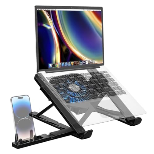ZORBES® Laptop Stand 3 in 1 Laptop Riser with Cooling Fan & Phone Holder Adjustable Height and Angle Design 11-17'' Stand Anti-Slip Riser Folding,Black