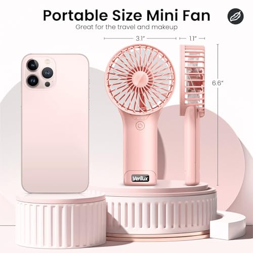 Verilux® Hand Fan for Women, Mini Portable Fan with Mirror, 4-Speed USB Fan with Foldable Stand Base, Lasting Max 20Hrs Working Time, Rechargeable Fan for Girls Women Traveling Outdoor (Pink)