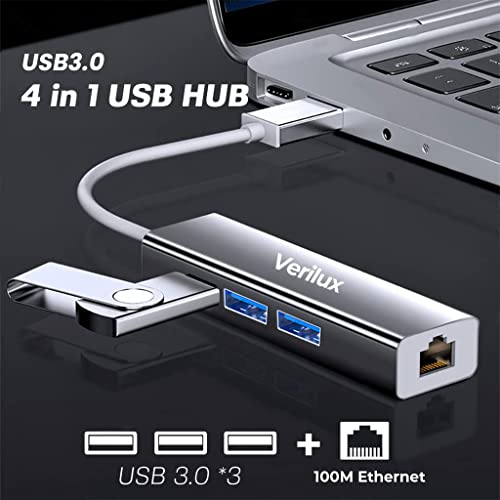 Verilux® USB Hub,USB Hub for Laptop, 10/100Mbps USB Ethernet Adapter with 3 USB 3.0 Ports and RJ45 LAN Port Compatible with MacBook Air/Pro 13/15,for Chromebook and More USB Supported Devices - verilux