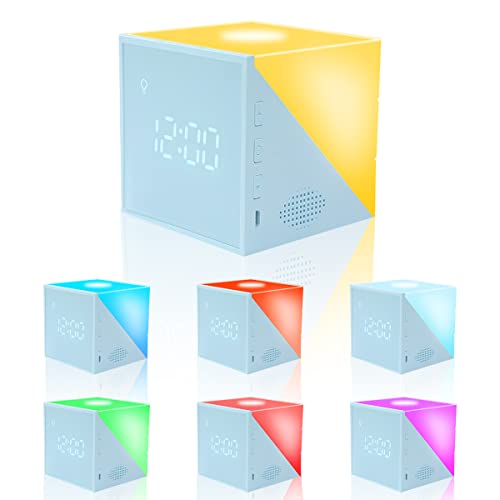 ZORBES® Night Lamp with Alarm Clock, Cube LED Night Light USB Alarm Clock Warm Light Night Lamp for Bedroom Smart Sound Control Timer Function RGB Light Switching Night Lamp for Students Kids Adults