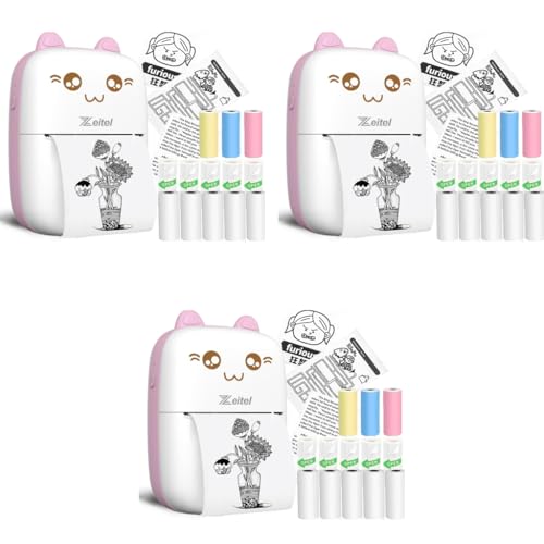 Zeitel® Mini Bluetooth Thermal Portable Label Inkfree for Android and iOS System Black on White with 10 Roll Print Paper Stickers Pink 3 PCS