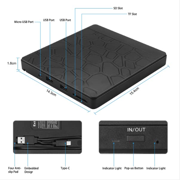 ZORBES® External DVD Drive USB3.0 CD DVD Drive External,USB C Hub CD/DVD Player ROM +/-RW Optical Disk Drive with 2 USB Ports and 2 SD Card Slots for Mac, PC Windows 10/8/7 Linux OS