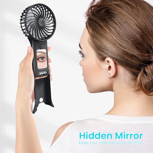 Verilux® Hand Fan for Women, Mini Portable Fan with Mirror, 4-Speed USB Fan with Foldable Stand Base, Lasting Max 20Hrs Working Time, Rechargeable Fan for Girls Women Traveling Outdoor (Black)