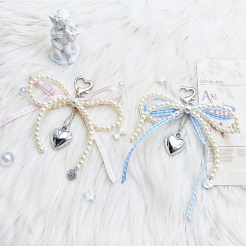 ZORBES® 4PCS Pearl Bow Charms Ribbon Bag Keychain Sweetly Stylish Beading Decorative Handbag Keyring Phone Sling Strap