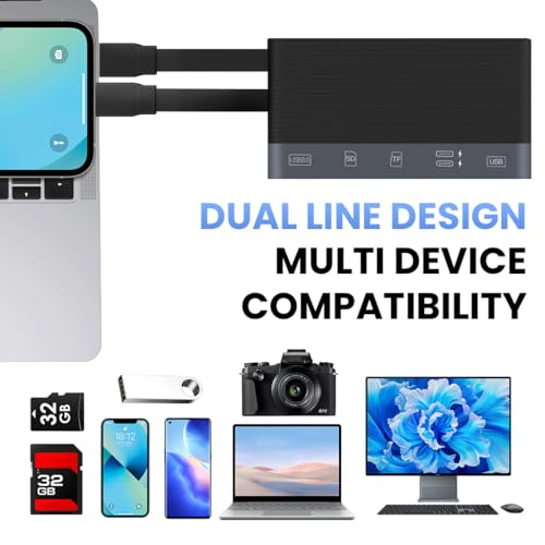 Verilux® 6 in 1 USB Hub Card Reader for iPhone USB 3.0 High Speed Dual Connector with PD Charging Universal for Phone Tablet Flash Drive Memory Stick TF SD Cards 3 PCS