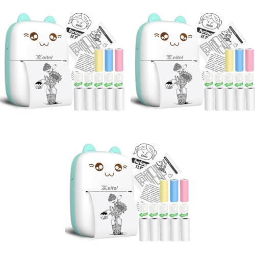 Zeitel® Mini Bluetooth Thermal Portable Label Inkfree for Android and iOS System Black on White with 13 Roll Print Paper Stickers Blue 3 PCS