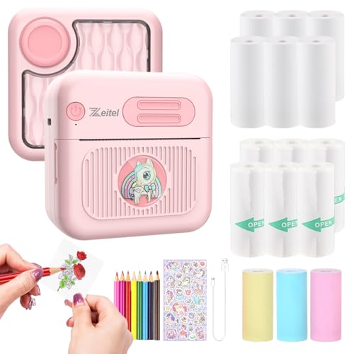 Zeitel® Mini Bluetooth Thermal Printer, Portable Label Inkfree Mini Printer for Android & iOS System, Black on White Thermal Printer with 15 Rolls of Print Paper, 8 Colors of Pencils, Stickers, Pink