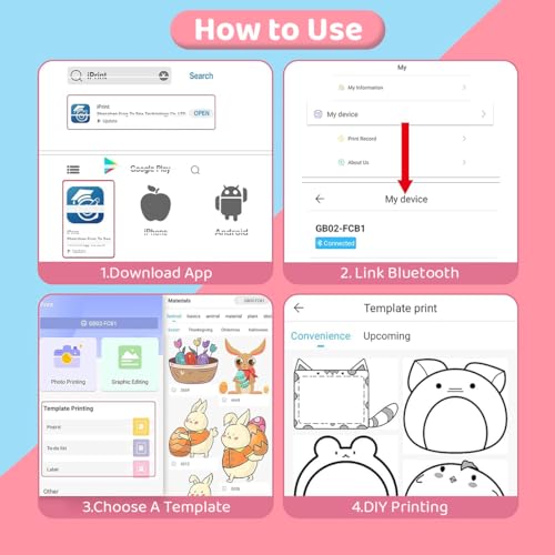 Zeitel® Mini Bluetooth Thermal Portable Label Inkfree for Android and iOS System Black on White with 10 Roll Print Paper Stickers Pink 3 PCS