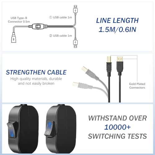 Verilux® 5FT Printer Cable with Switcher Dual USB to USB-B for Two Computers Nylon Gold Plated for HP Canon Dell Epson Lexmark Xerox Samsung and More 2PCS