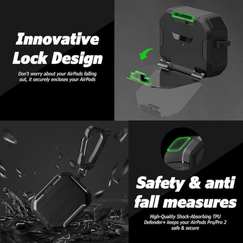ZORBES® Protective Case for AirPods Pro 2nd Gen. Rugged Anti-Scratch TPU Charger Case Skin Cover with Anti-Open Locking Cover, Compatible with AirPods Pro 2nd Generation, with Carabiner