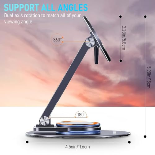 ZORBES® Magnetic Desk Phone Stand for iPhone 14 13 12 Series Aluminum Holder with 360 Rotation Base Adjustable Foldable Mobile Compatible with Pro Max Mini Mag Safe Case 2PCS
