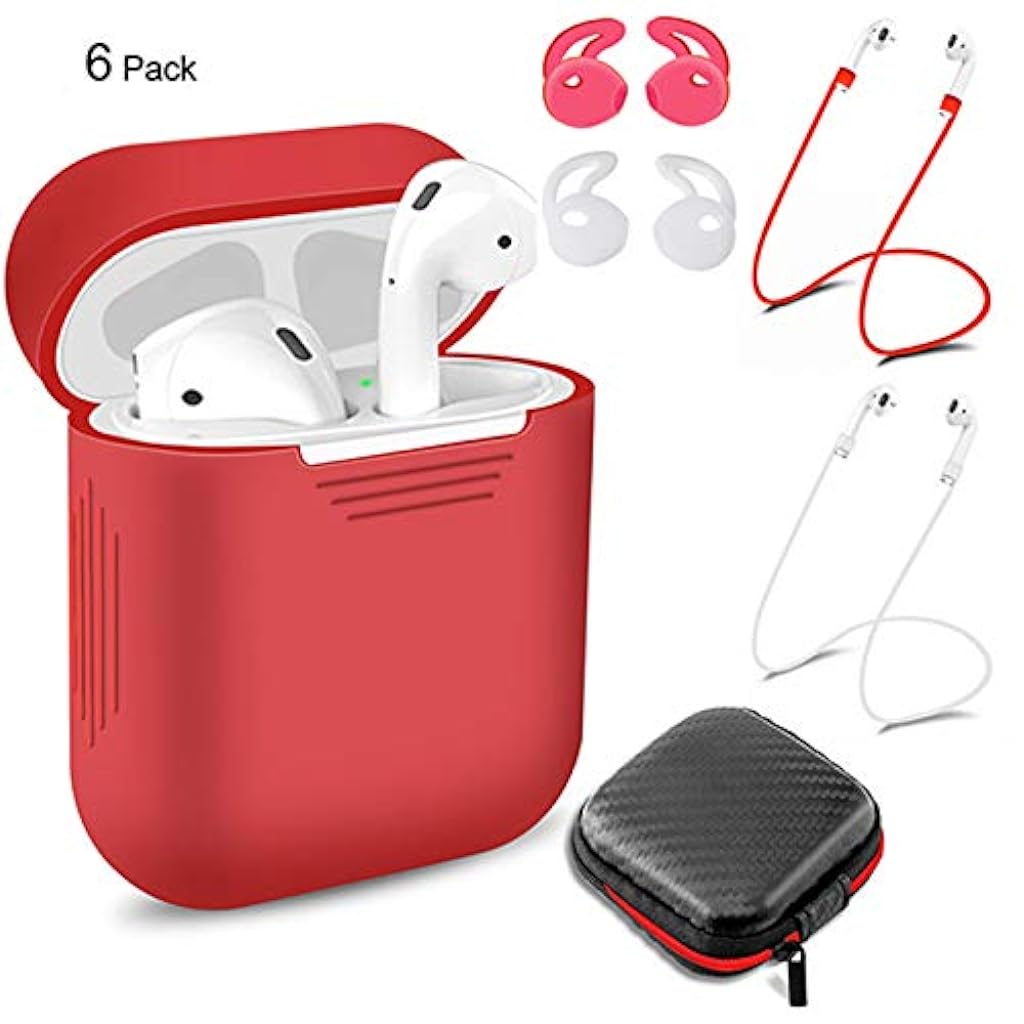 Verilux® AirPods Case Silicone Protective Cover, Receiving Box, Anti Lost Strap, Ear Cover Hooks Airpods Accessories Kits,Red(Set of 6) - verilux