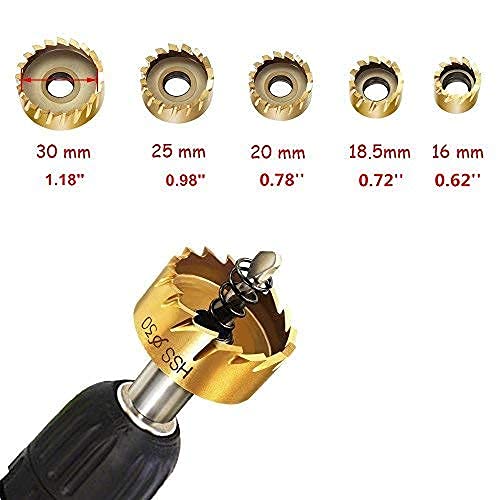 Verilux® Gold 5 Pcs Stainless Steel,Metal Alloy High Speed Hole Saw Drilling Tools Bit Set for Metal Sheet, Wood Piece, Plastic 16mm, 18mm, 20mm, 25mm, 30mm