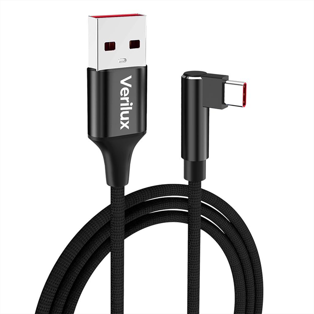 Verilux Type C Cable for Fast Charging and Data Transfer featuring 16ft Length | Right Angle Nylon Design
