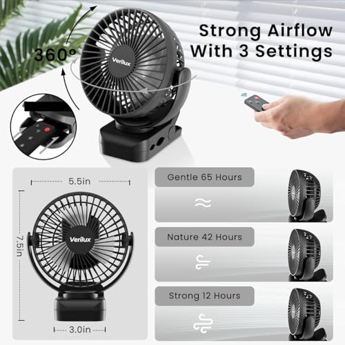 Verilux® Rechargeable Table Fan with Night Light & Remote Control, 360° Adjustment 8000mAh High Speed Table Fan for Home, Office, Camping with Clip and Power Bank