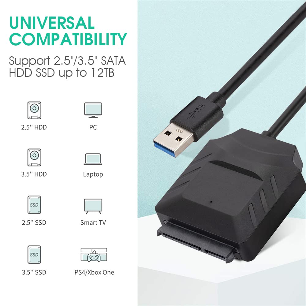 Verilux SATA to USB 3.0 Cable, USB 3.0 to SATA III Hard Drive Adapter USB 3.0 to SATA Converter Compatible for 2.5 3.5 Inch Desktop HDD/SSD Hard Drive Disk (Cable Only, Not Include 12v Adapter)