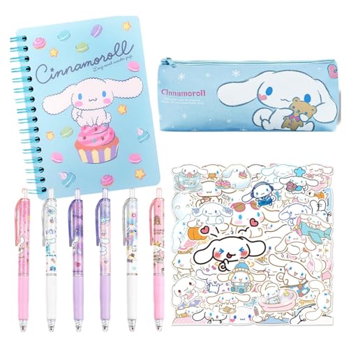 ZORBES® Juego de 9 útiles escolares Kawaii Cinnamoroll, juego de suministros de papelería Kawaii con cuaderno, estuche para lápices, bolígrafos con clic, pegatinas variadas de dibujos animados