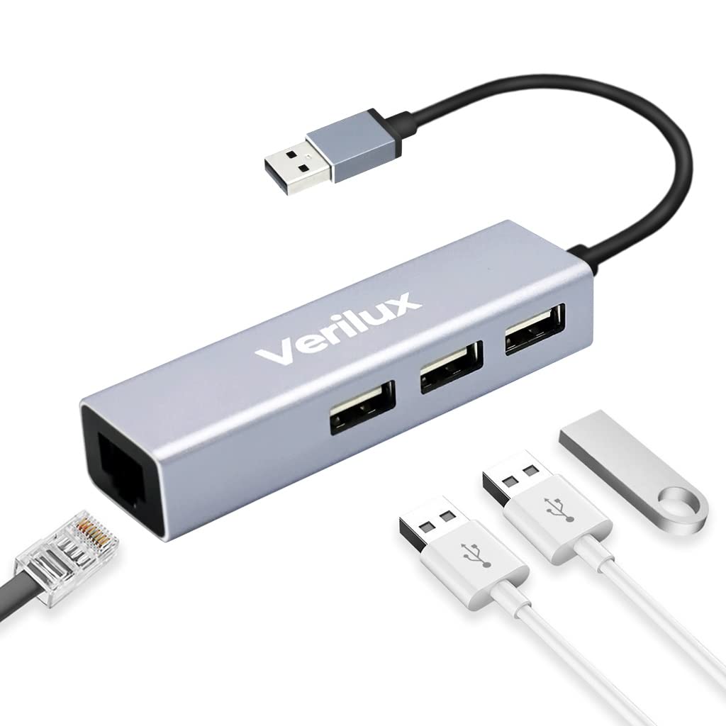 Verilux® USB Hub,USB Hub for Laptop, 10/100Mbps USB Ethernet Adapter with 3 USB 2.0 Ports and RJ45 LAN Port Compatible with MacBook Air/Pro 13/15,for Chromebook and More USB Supported Devices