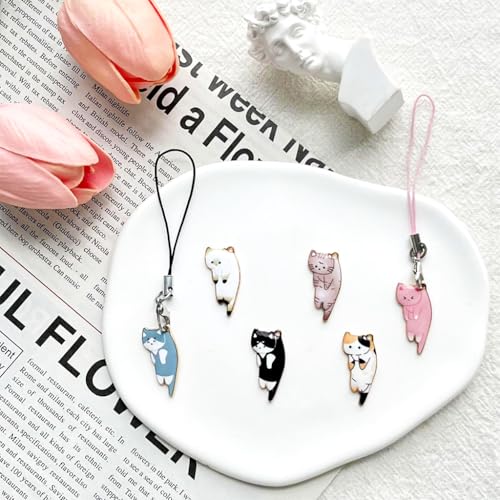 ZORBES® 6Pcs Cute Cartoon Kitty Mobile Phone Charms with Line Loop,Kawaii Cat Charms for Phone Case, Phone Chain Mobile Accessories Good Luck Lanyard Mobile Charms for Women Girls - Bag Charms