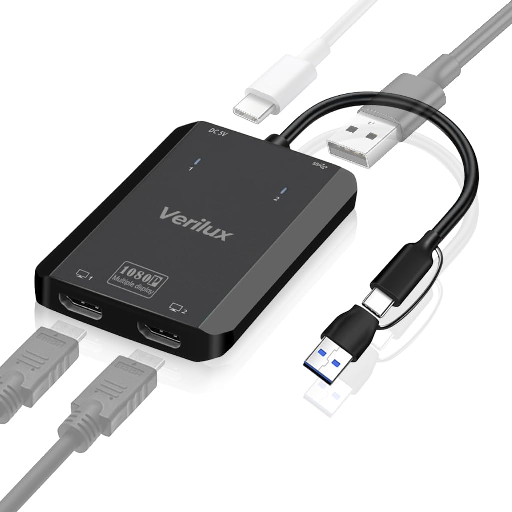 Verilux® 2 in 1 USB Hub, HDMI to Type C Converter with HDMI to USB 3.0/USB C, USB to HDMI Converter Splitter Extended Display Dual Monitors, Dual HDMI Adapter with 1920x1080P@60Hz for Laptop, Monitor