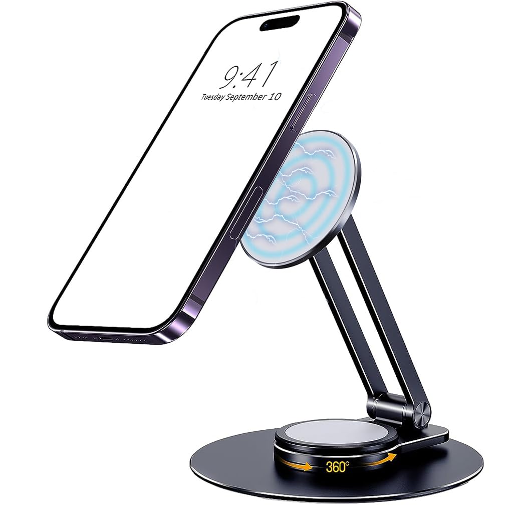 ZORBES® Magnetic Desk Phone Stand for iPhone 14 13 12 Series, Aluminum Phone Holder with 360°Rotation Base Adjustable Foldable Mobile Stand Compatible with iPhone 14 13 12 Pro Max Mini, Mag Safe Case