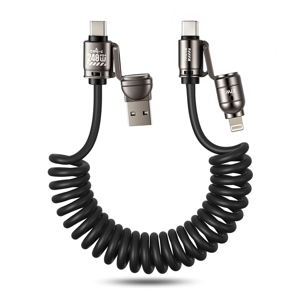 Verilux® 4-in-1 USB to Type C Cable for iPhone 17/16/15/14,PD 240W Type C Cable Fast Charging with 480Mbps Data Transfer,Fashion Retractable Lighting Design for Home Travel Office Black
