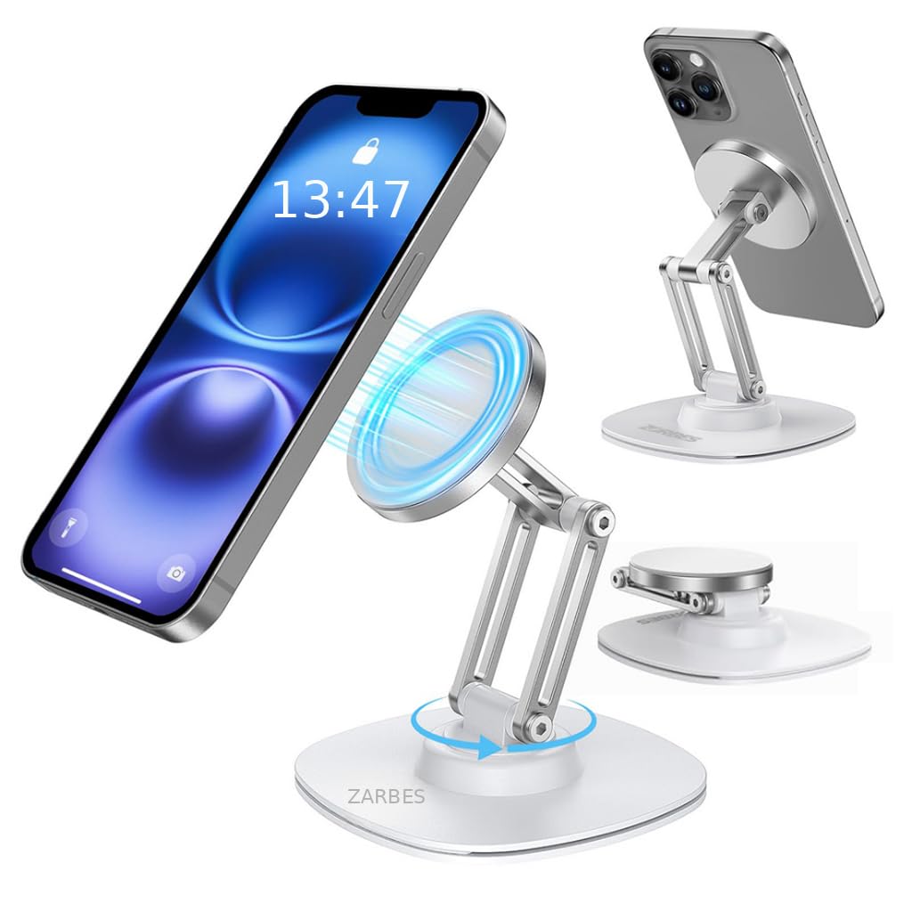 ZORBES® 360° Rotatable Desk Phone Mount, Free Stand Phone Stand Holder, Folding Magnetic Metal Phone Holder for Desk, Table, and Workspace