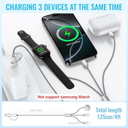 ZORBES® in USB C Cable for iPhone 16 Charger/Type C/Lightning, Multi Charging Cable with Apple Watch Charger for Apple Watch, Portable Travel