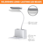 Verilux® Multifunction Table Lamp for Study LED Light 2500mAh with Dual Pen Holder Flexible Gooseneck Night Study Lamp for Students with Phone Stand and Storage Reading Lamp