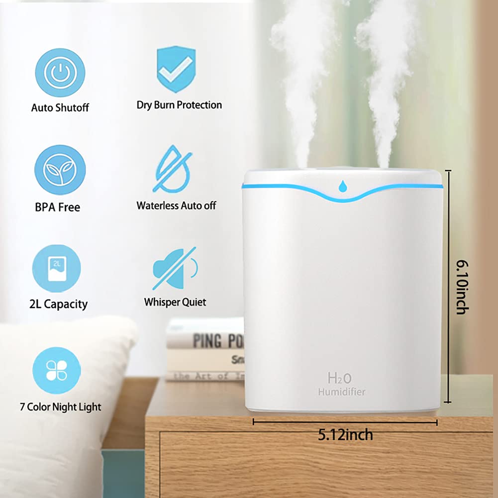 Verilux Humidifier for Room Moisture with 2L Tank and Dual Spray Nozzle | 28dB Quiet 7‑Color Light