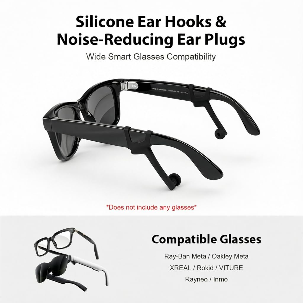 ORBES® Silicone Ear Grips & Noise-Reducing Ear Plugs for Smart Glasses, Slide in Ear Hooks & Audio Enhancer Tips Compatible with R-ayBan Meta, O-akley Meta, XREAL, Rokid & VITURE Glasses